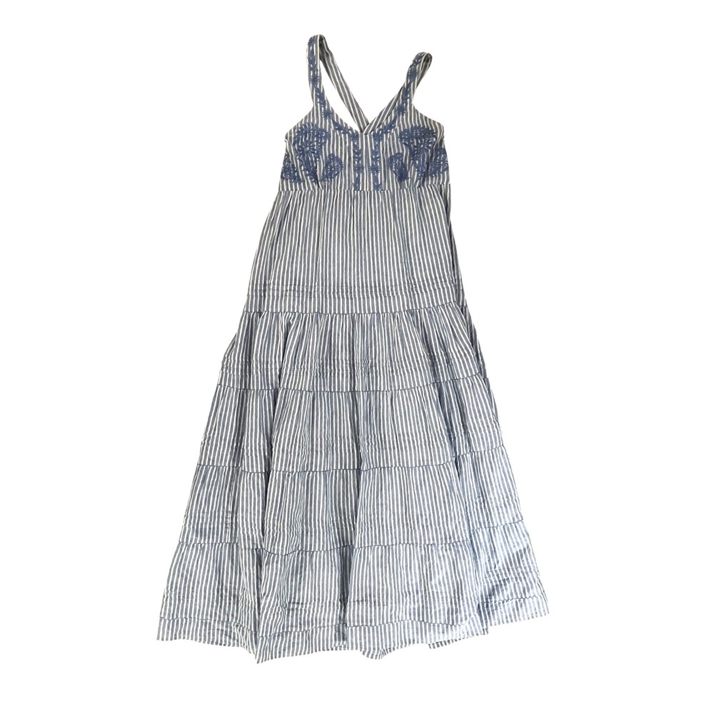 Ro's Garden Women's Tiered Striped Maxi Dress‎ Embroidered V-Neck Blue- Size XS - Picture 2 of 9